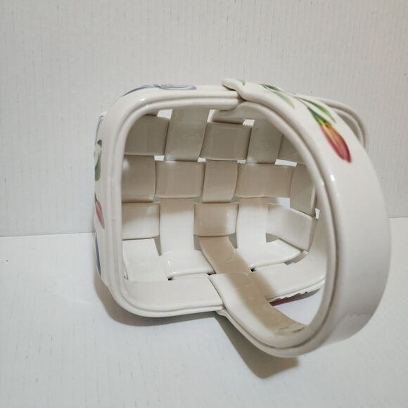 Hand Painted Italian Pottery Ceramic Woven Basket with Handle Floral Design - Picture 7 of 11